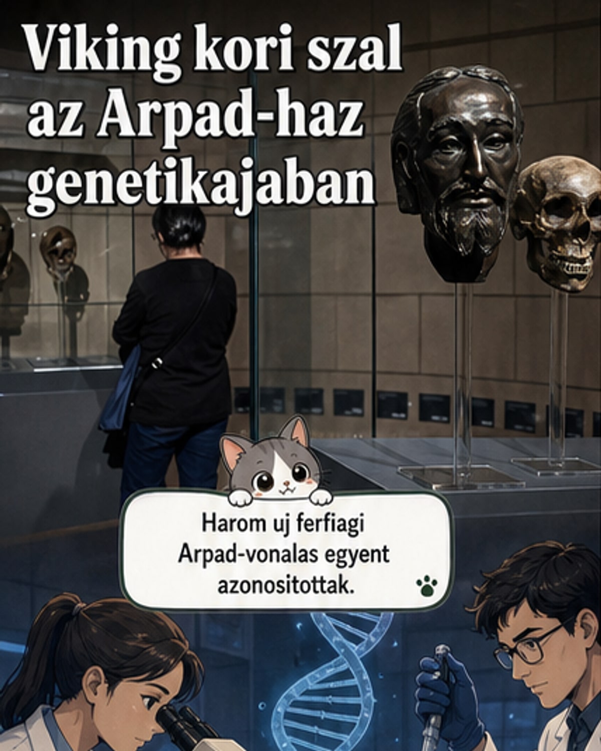 Árpád-házi királyok és viking kori egyének genetikai kapcsolatát bemutató illusztráció, térképen és családfán keresztül