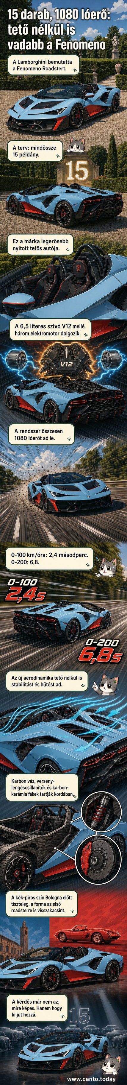 A Lamborghini Fenomeno Roadster kék-piros színkombinációban, nyitott tetővel, széles küszöbökkel és aktív hátsó szárnnyal, autóversenypályán.