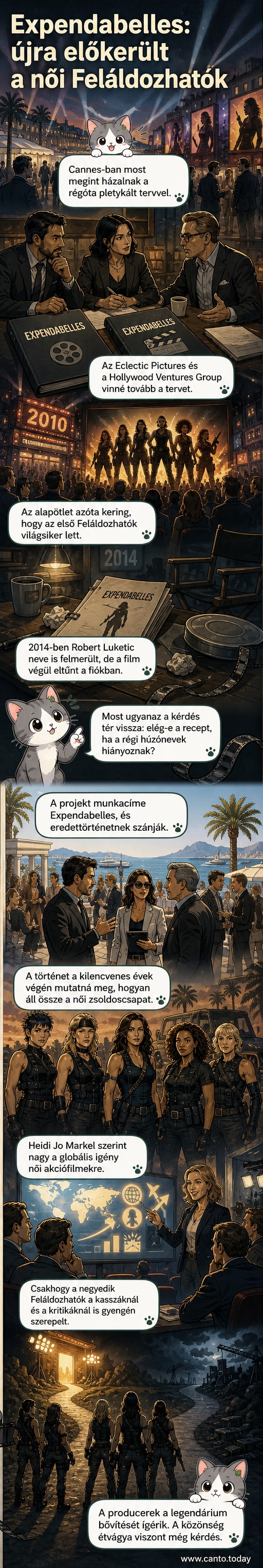 Stílusos, karikatúraszerű női akcióhősök egy felrobbanó épület előtt, a háttérben tűzgolyók és füst, a cím: 'Expendabelles'.