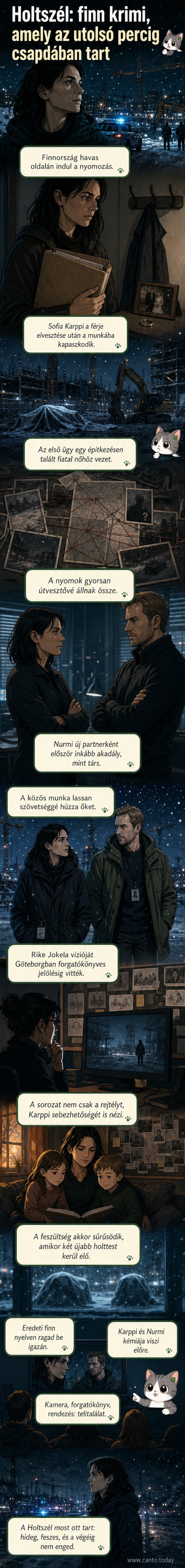 Két nyomozó áll egy havas terepen, mögöttük sötét felhők, előttük egy építkezés helyszíne, ahol egy bűncselekmény nyomozását vezetik.