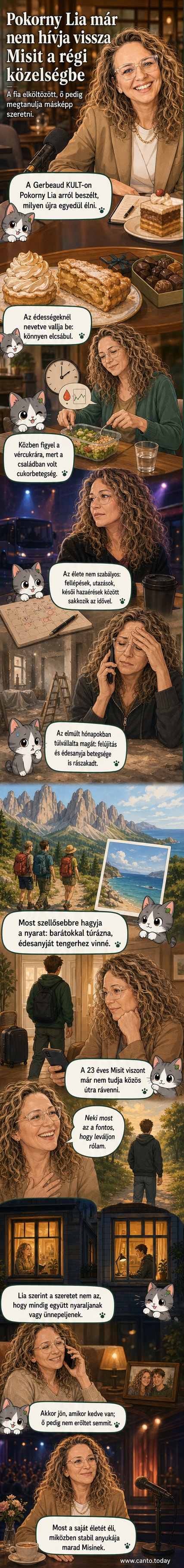 Pokorny Lia mosolyogva ül a Gerbeaud Kávéházban, előtte pohár víz és jegyzetfüzet, körülötte meleg, belső tér hangulata.