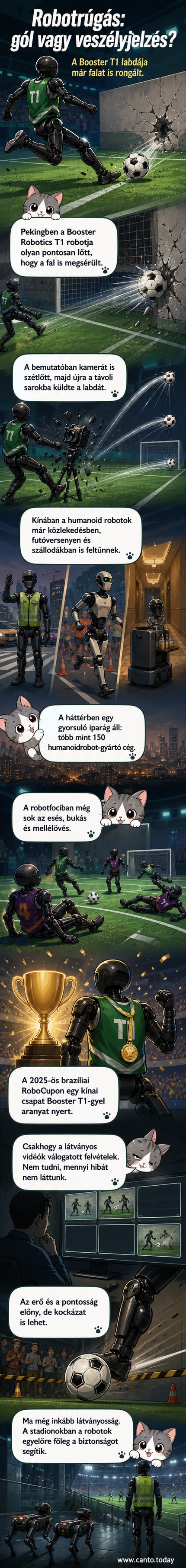 Humanoid robot rúg focilabdát, a labda átüt egy falat, körülötte technikai berendezések és kamerák.