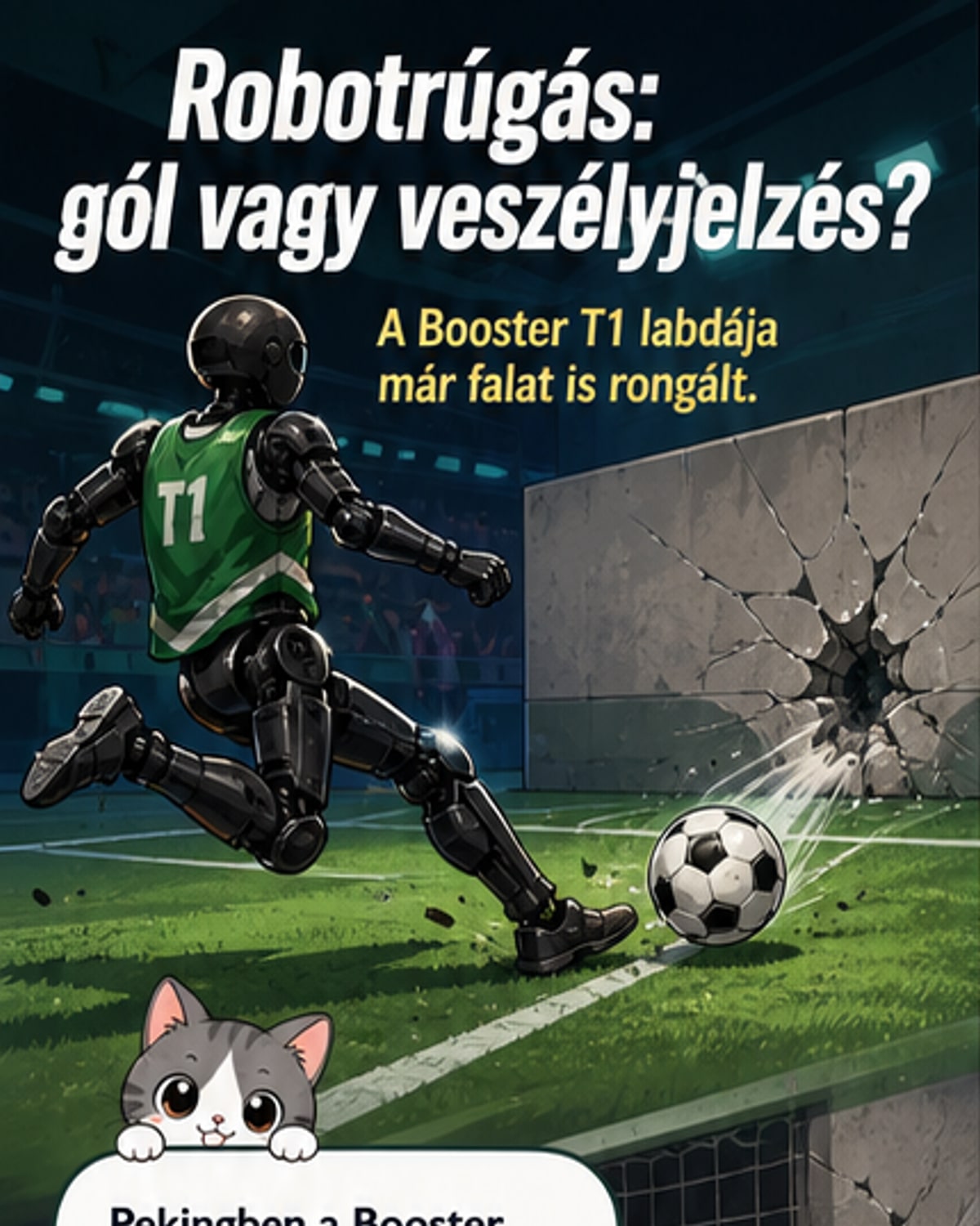 Humanoid robot rúg focilabdát, a labda átüt egy falat, körülötte technikai berendezések és kamerák.