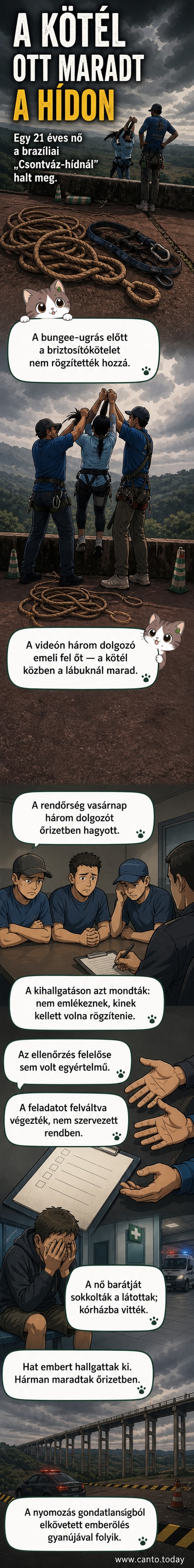 Sötét hajú fiatal nőt három személy emel fel egy hídon, miközben egy kötél a földön hever – baleset helyszíne Brazíliában