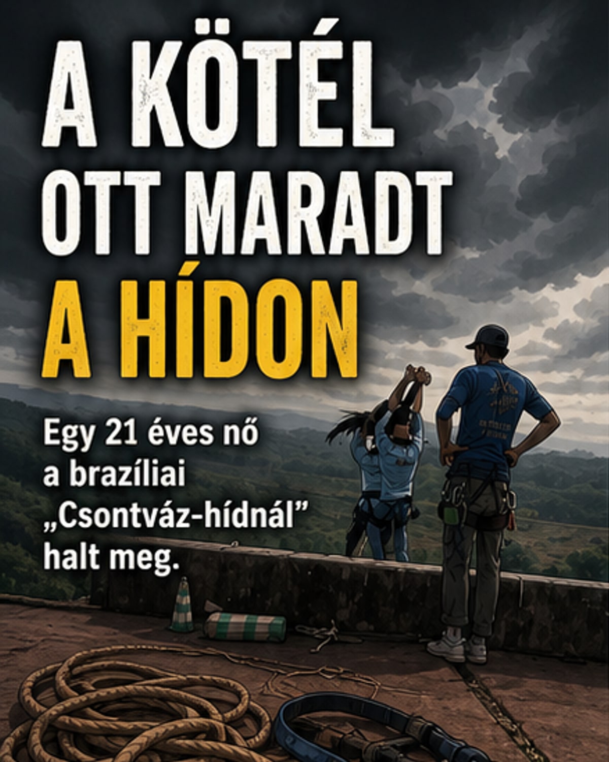 Sötét hajú fiatal nőt három személy emel fel egy hídon, miközben egy kötél a földön hever – baleset helyszíne Brazíliában
