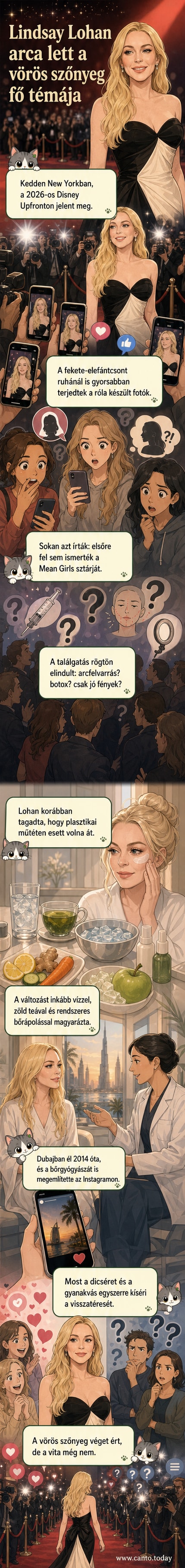 Lindsay Lohan a Disney Upfront 2026 vörös szőnyegén, fekete és elefántcsontszínű ruhában, arcvonásai megváltozottak.