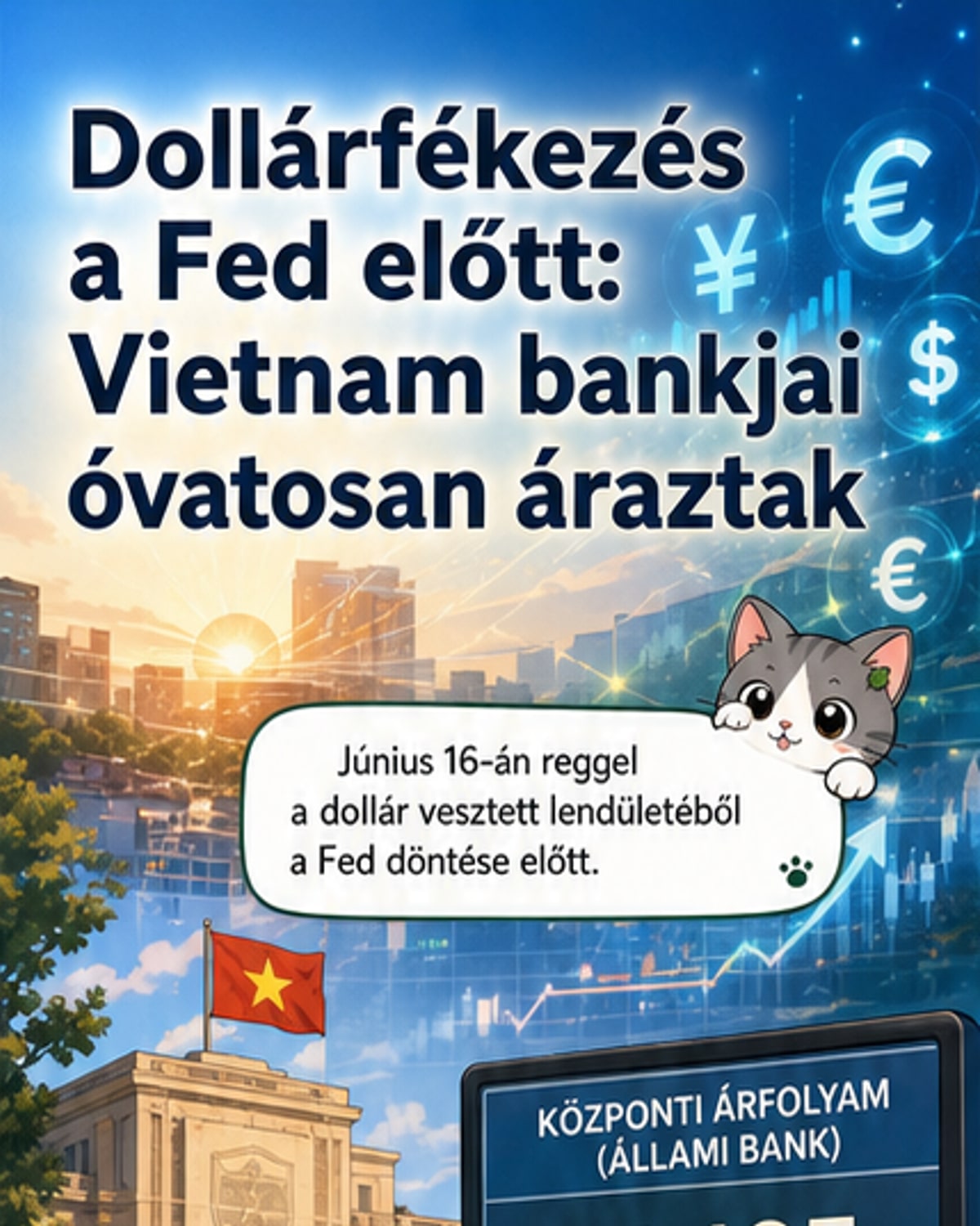Árfolyamgrafikonon az amerikai dollár enyhe gyengülése látható a Fed kamatdöntő ülése előtt, hátterben pénzügyi hírekkel és időjelzéssel: 2026. június 16.