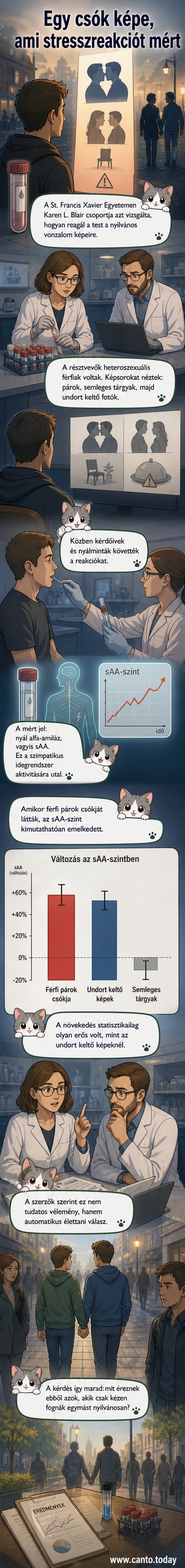 Laboratóriumban ülő férfi résztvevő nyálmintát ad, a háttérben képernyőn meleg pár csókolózása és undort keltő képek váltakoznak.