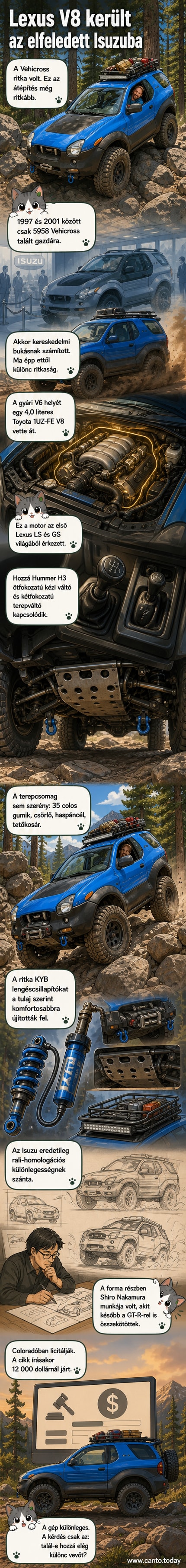 Egy átalakított Isuzu Vehicross, amelynek motorházteteje alatt egy Lexus V8-as motor rejtőzik, kézi váltóval és terepfelszereléssel.