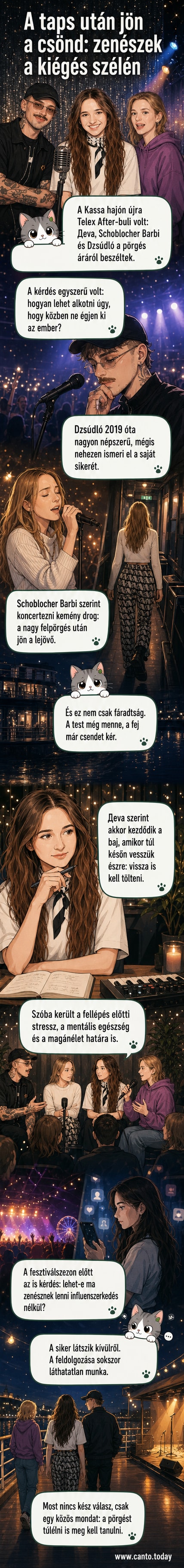 Három magyar zenész, Дeva, Schoblocher Barbi és Dzsúdló egy kerekasztal-beszélgetésen a Kassa hajón, a háttérben koncerthangulat.