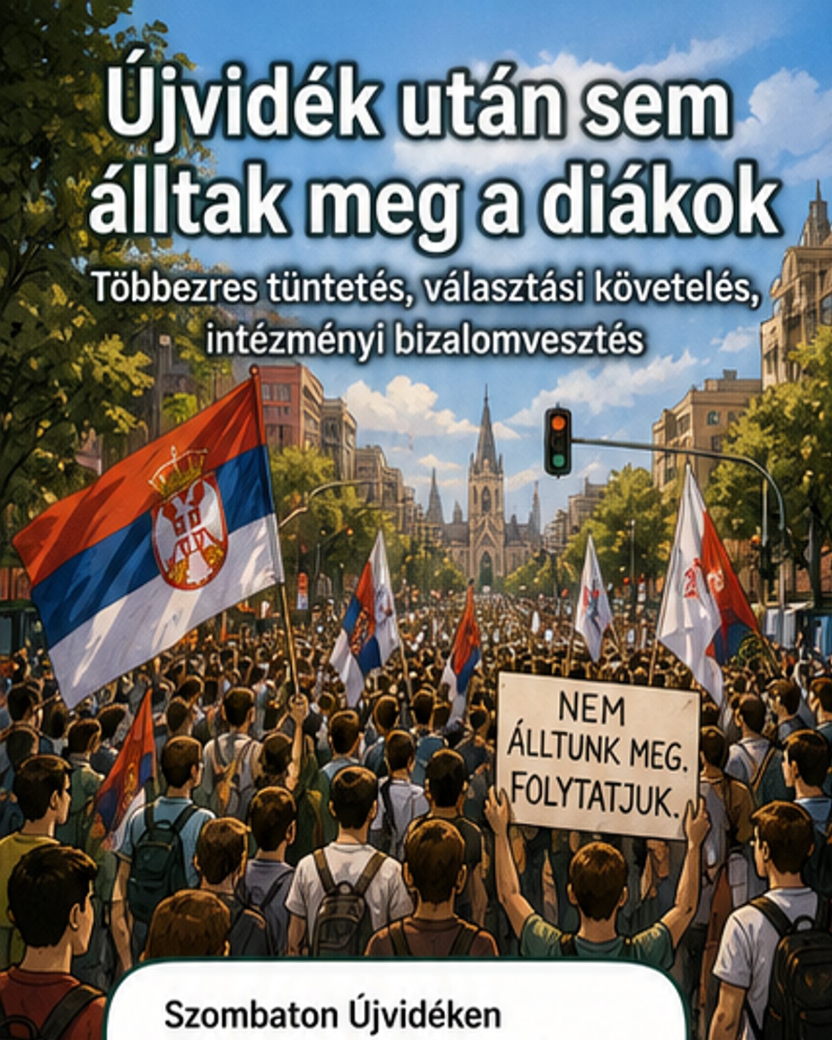 Több ezer tüntető áll egyetemi zászlók és transzparensek között Újvidék központjában, a háttérben épületekkel és egyetemi épületekkel.