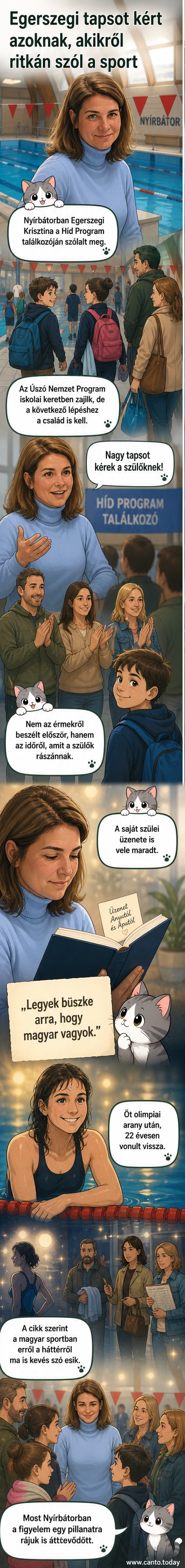 Egerszegi Krisztina beszédet mond szülők és gyerekek előtt, kezében mikrofonnal, komoly, de meleg arckifejezéssel.