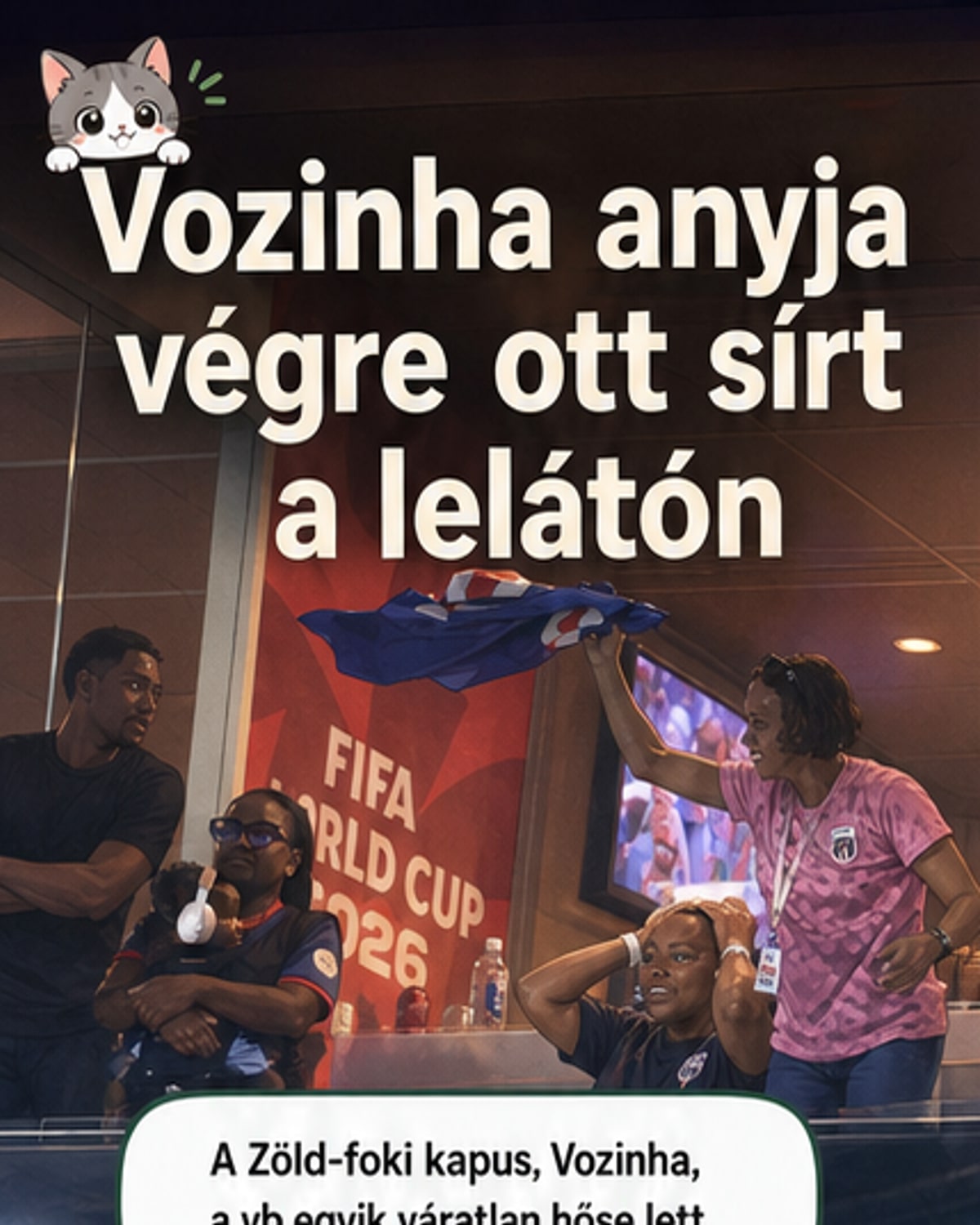 Focistát ábrázoló webtoon, a háttérben a lelátón síró anyja látható, mögöttük a stadion és a Zöld-foki-szigetek zászlója