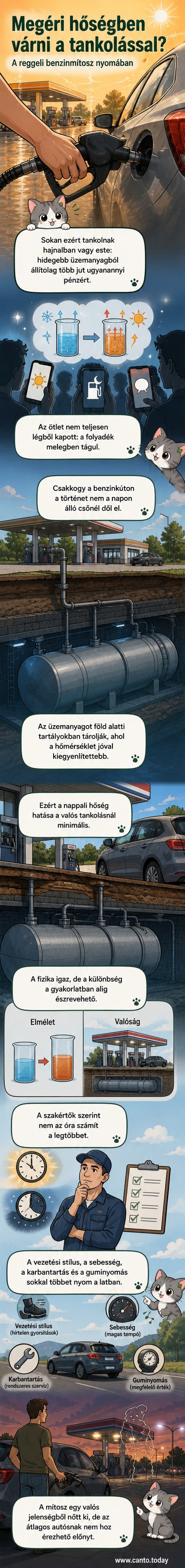 Autó tankol egy benzinkútnál, a háttérben napsütéses nyári napon, grafikus elemekkel hangsúlyozva a hőmérséklet és a benzin sűrűsége közti kapcsolatot
