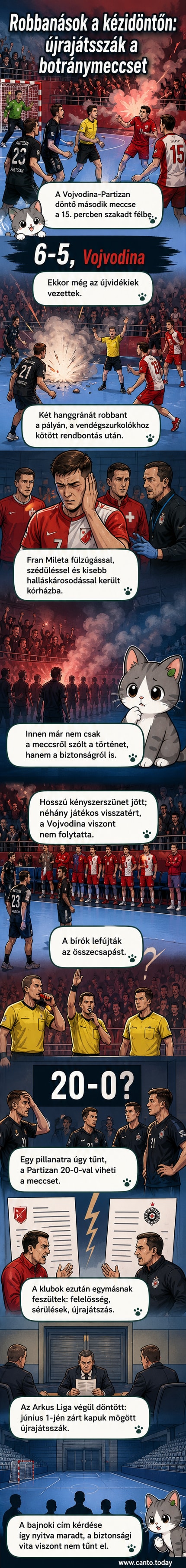 Kézilabdapálya, ahol szurkolók hanggránátot dobtak a játékosok közé, a játékvezető a földön, a játékosok zavartan reagálnak