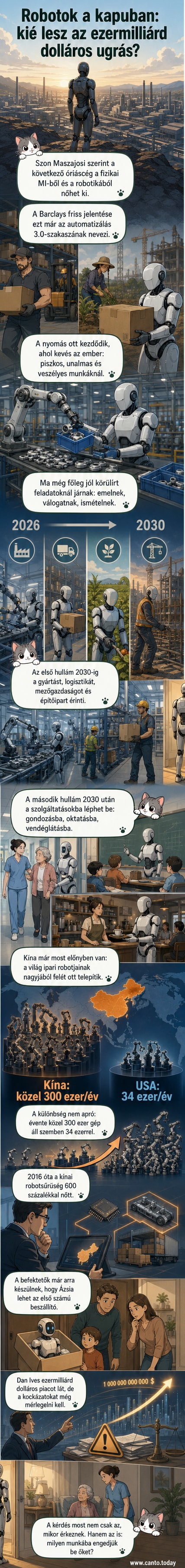 Futurisztikus illusztráció: humanoid robotok munkát végeznek egy gyártósoron, mögöttük városi környezetben más robotok is láthatók.