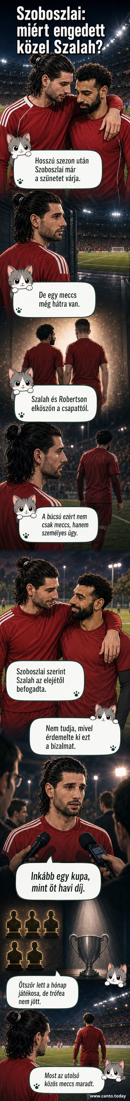 Két labdarúgó, Szoboszlai Dominik és Mohamed Szalah, egymás mellett áll a Liverpool stadionjában, mögöttük szurkolók és csapatlogók.