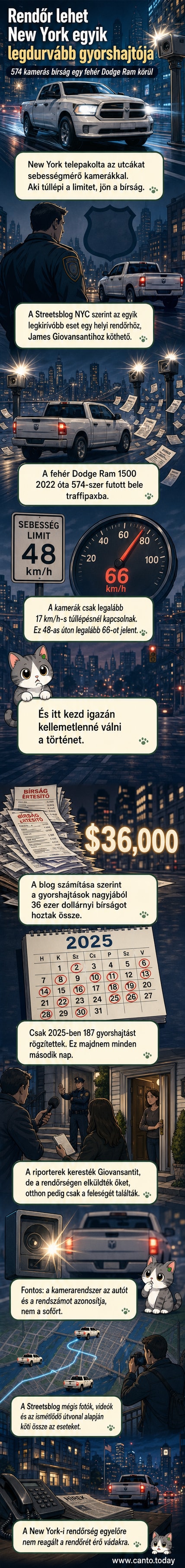 Fehér pickup autó halad New York utcáin, mögötte sebességmérő kamera figyeli a mozgását, a képernyőn piros számok mutatják a túlhaladást.