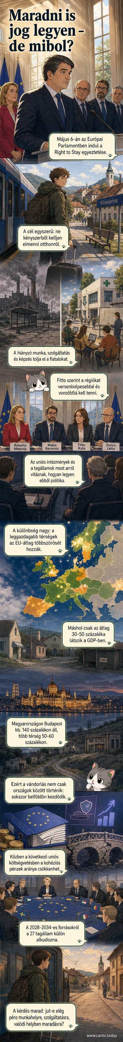 Európai Uniós zászló előtt álló emberek, akik különböző irányokba néznek: egyesek vándorolni látszanak, mások otthon maradni akarnak. A háttérben térkép mutatja az EU gazdasági régióit.