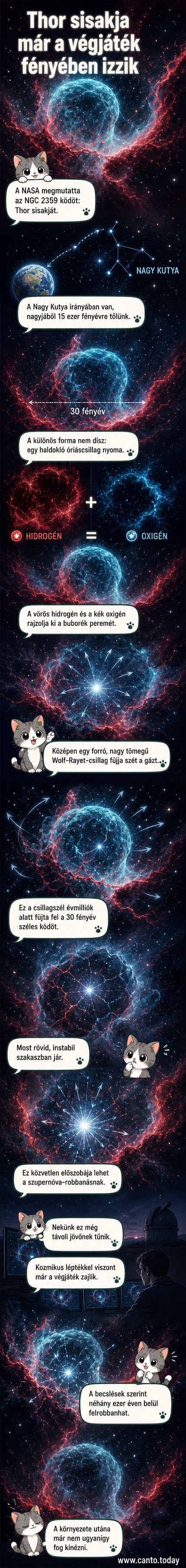 Színes űrfelvétel egy sisakformájú, vöröses-kékes színű gázbuborékról, középen fénylő csillaggal, a NGC 2359 ködről.