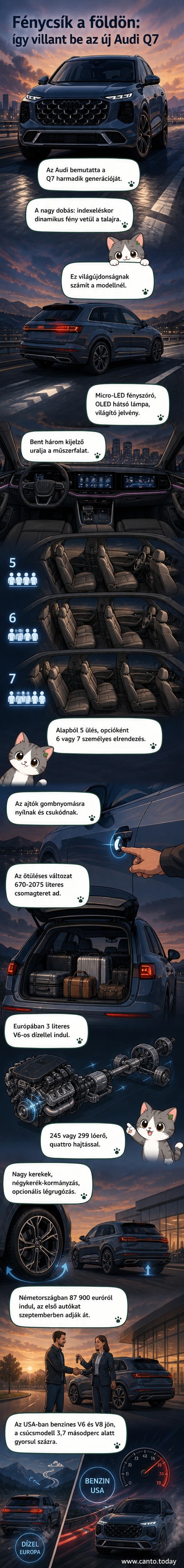 Az új Audi Q7 éjszaka, miközben a talajra vetített fények mutatják az irányt, mellette a világító logó és a modern dizájnú hűtőrács látható.
