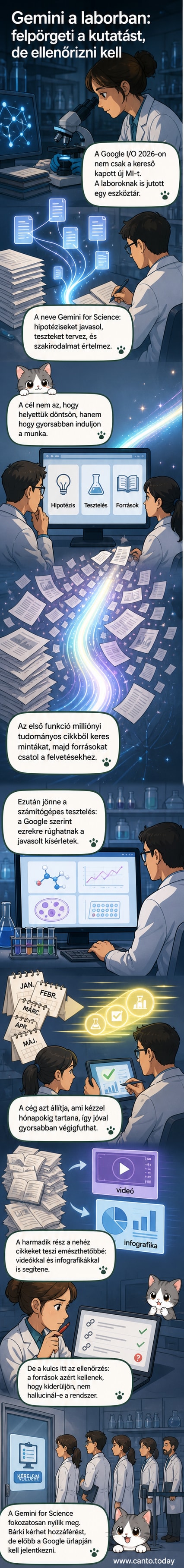 Illusztráció: tudósok egy laborban, akik egy holo-képernyőn megjelenő Google Gemini ikont figyelik, miközben adatok és diagramok villanak fel körülöttük.