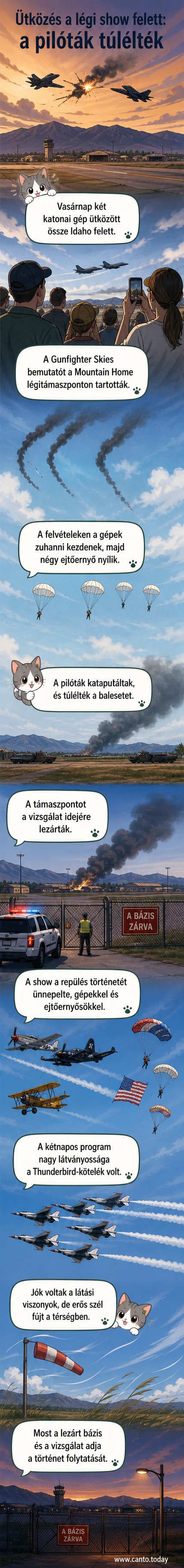 Két összeütköző katonai repülő a levegőben, alattuk ejtőernyősök zuhannak, a háttérben felhős idő és sivatagos táj látható.