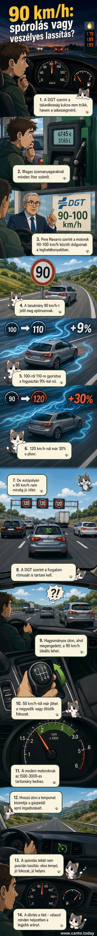 Autó sebességmérőjén a 90 km/h jelzés kiemelve, mellette üzemanyagcsepp ikon, hátterben út és domborzat.