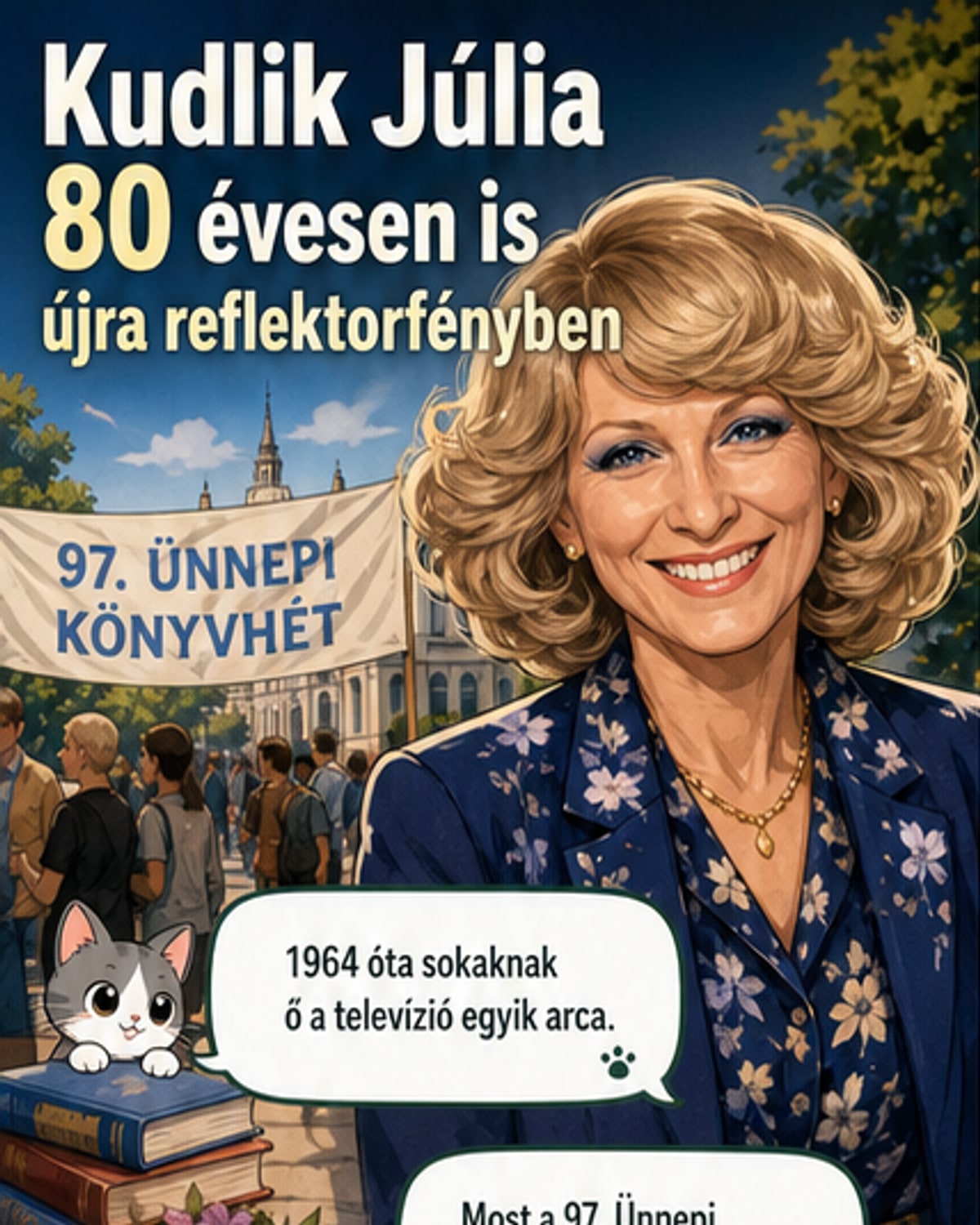 Kudlik Júlia, a Magyar Televízió legendás bemondónője, 80 évesen elegáns, virágmintás ruhában és blézerben, napszemüveggel a 97. Ünnepi Könyvhéten könyvét dedikálva.
