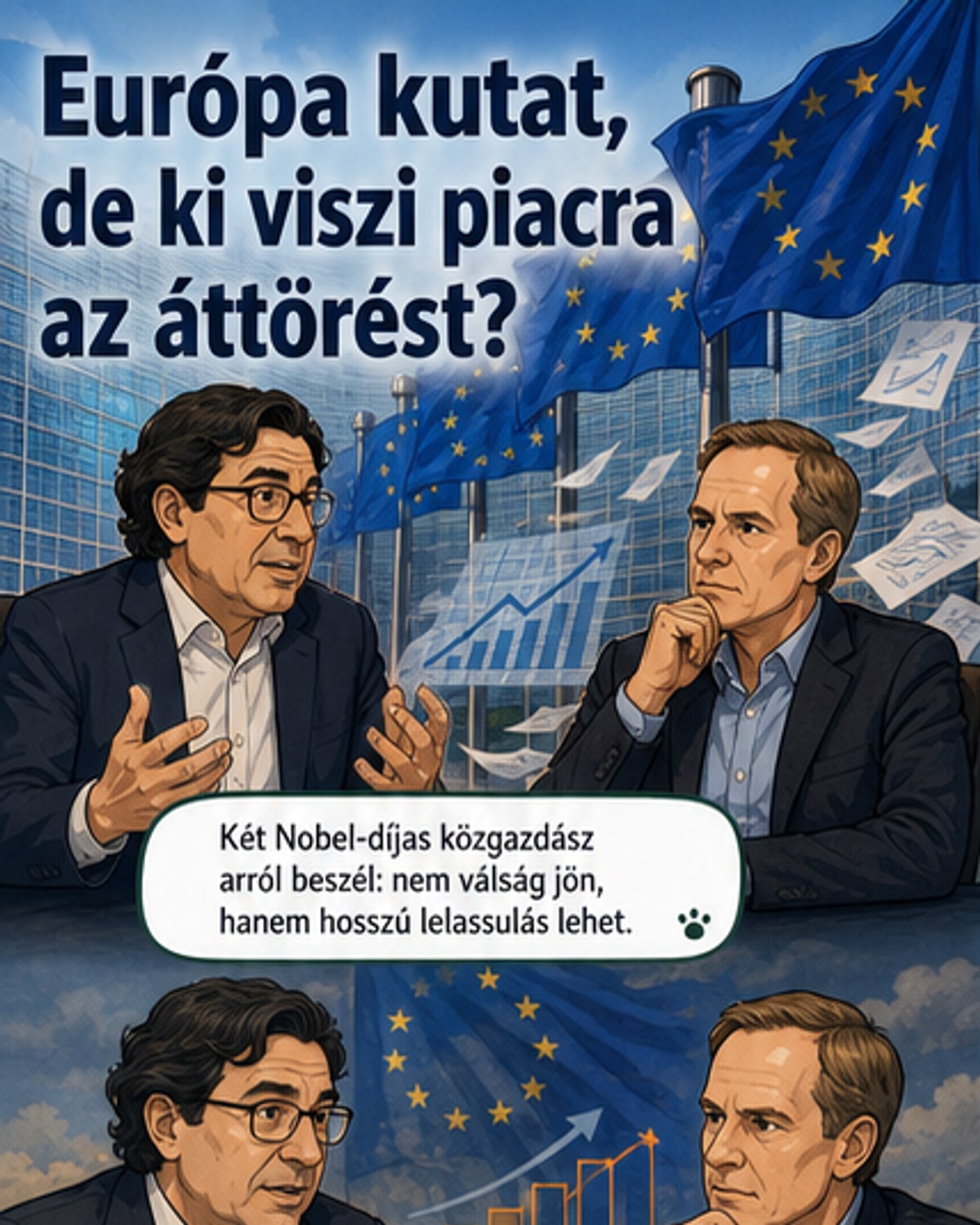Két professzor beszélget egy táblánál, mögöttük európai és amerikai zászlók, grafikonokkal és technológiai ikonokkal.