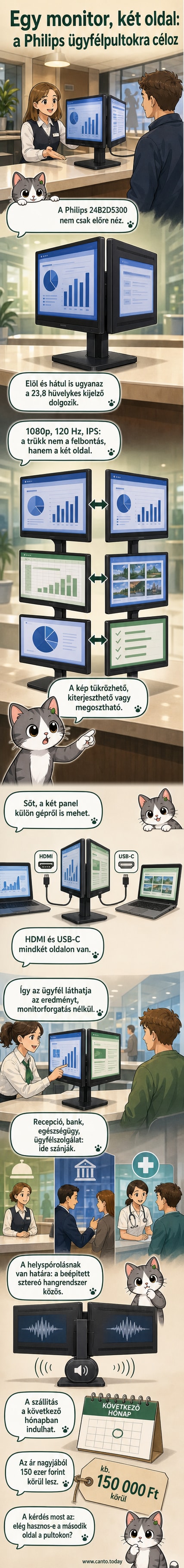 A Philips 24B2D5300 típusú monitor két oldalán is aktív kijelzőt mutat, egy irodai környezetben elhelyezve