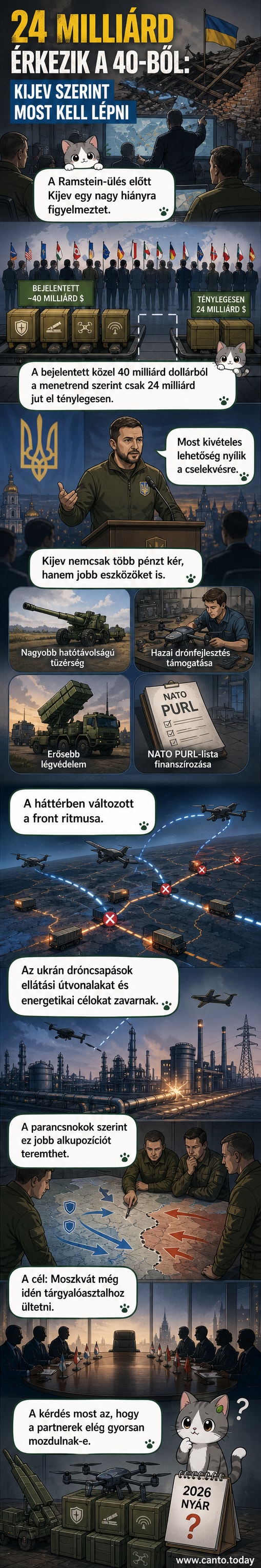 Illusztráció: Ukrajna térképe, fegyverek és drónok körül, a háttérben nyugati zászlók, szimbolizálva a nemzetközi támogatást.