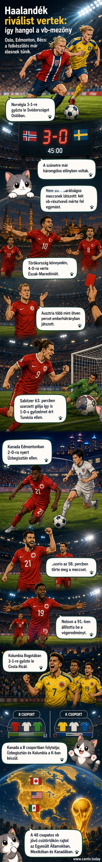 Labdarúgók egy VB-felkészülési mérkőzésen, Norvégia és Svédország csapatai pályán, nézők a háttérben