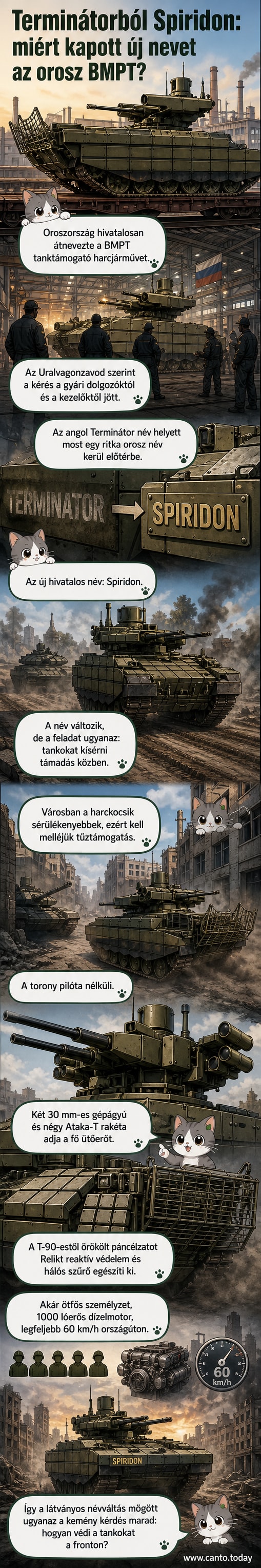 Stílusos illusztráció: páncélozott harcjármű, a BMPT Spiridon, sötét háttérben, fegyverzete előtérben, mögötte orosz zászló és gyárépület.