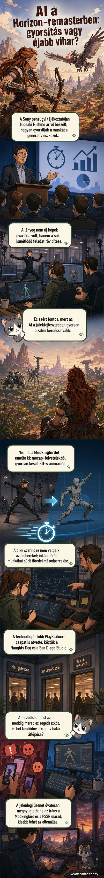 Digitális emberalak mozog egy játékfejlesztő stúdió képernyőjén, alatta mesterséges intelligencia ikonok és adatfolyamok.