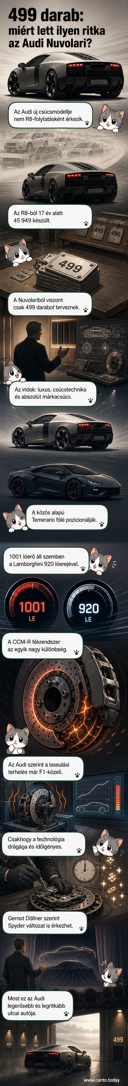 Fekete színű, alacsony, sportos formavonallal rendelkező szupersportautó, az Audi Nuvolari, előre néző rövid távú fotó, a háttérben autókiállító tér.