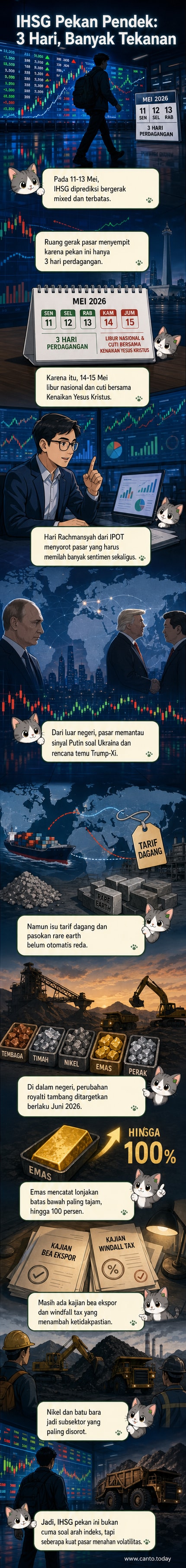 Grafik IHSG dengan latar belakang simbol tambang dan bendera negara, menggambarkan tekanan pada saham pertambangan dan pengaruh geopolitik global.