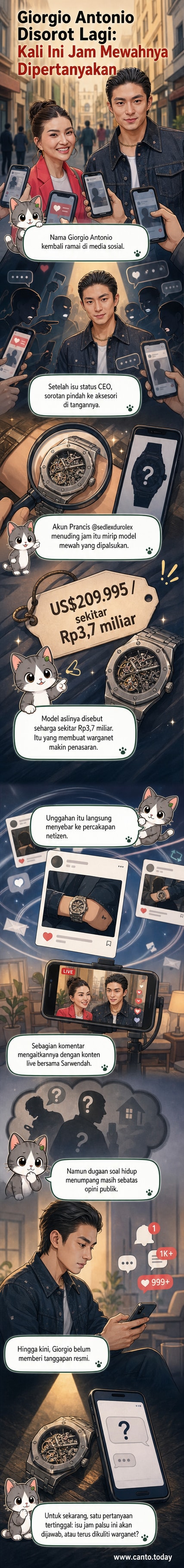 Ilustrasi Giorgio Antonio memakai jam tangan mewah dengan bayangan tanda palsu di atasnya, latar belakang media sosial yang ramai komentar.