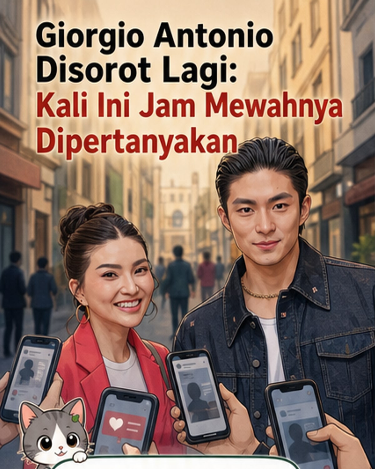 Ilustrasi Giorgio Antonio memakai jam tangan mewah dengan bayangan tanda palsu di atasnya, latar belakang media sosial yang ramai komentar.