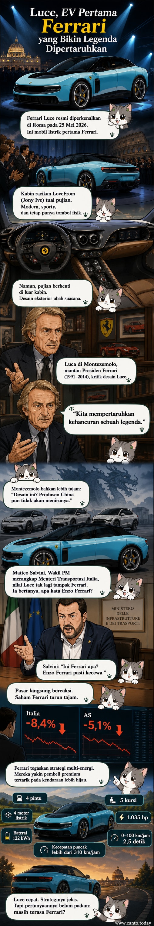 Ilustrasi Ferrari Luce, mobil listrik pertama Ferrari, dengan desain futuristik yang kontroversial, berdampingan dengan siluet Ferrari klasik dan ekspresi wajah kritik dari tokoh otomotif.
