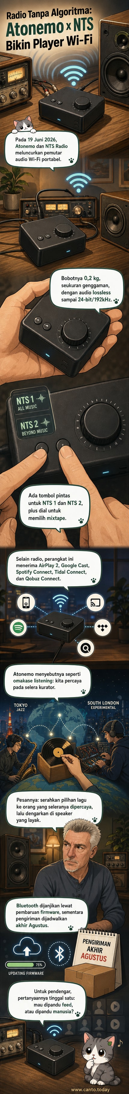 Ilustrasi pemutar audio kecil berbentuk persegi panjang dengan tombol dan dial, dikelilingi gelombang suara dan ikon koneksi Wi-Fi