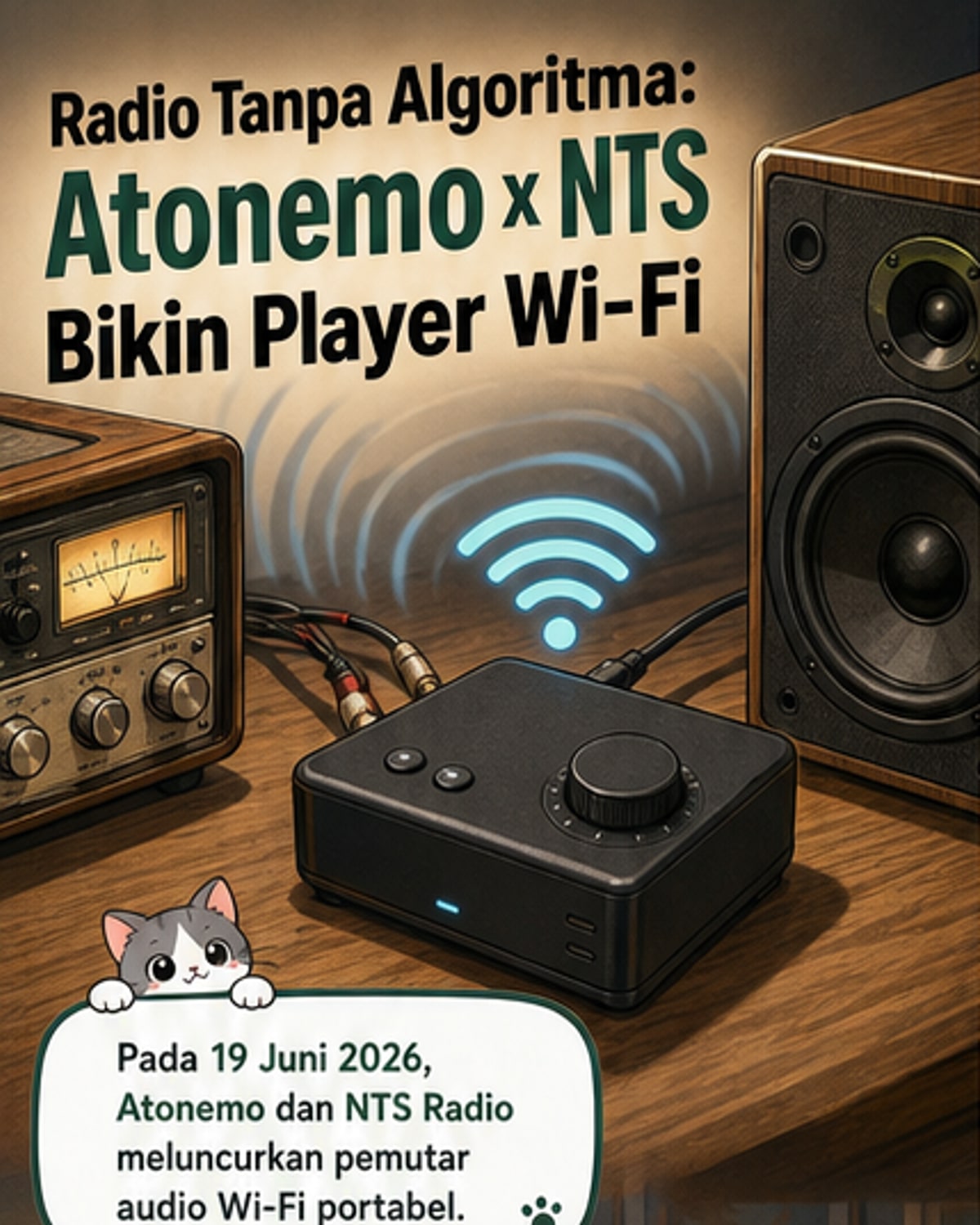 Ilustrasi pemutar audio kecil berbentuk persegi panjang dengan tombol dan dial, dikelilingi gelombang suara dan ikon koneksi Wi-Fi
