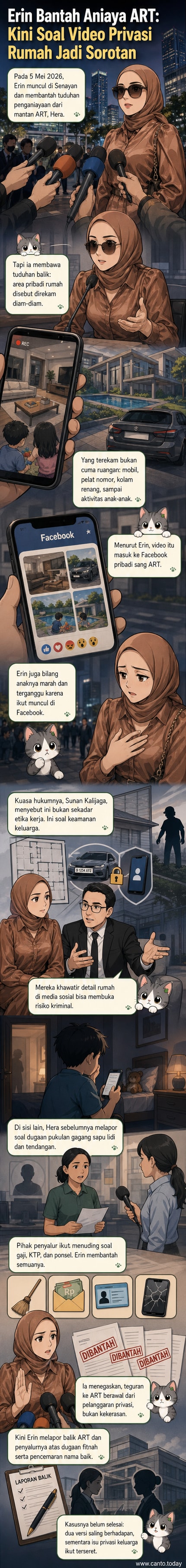 Ilustrasi rumah dengan tanda peringatan privasi, layar ponsel menampilkan unggahan Facebook, dan siluet ART sedang merekam dari balik pintu.