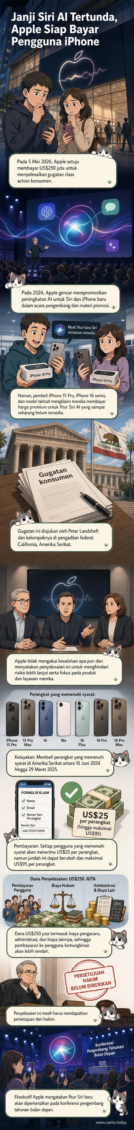 Ilustrasi gugatan class action terhadap Apple karena penundaan fitur AI pada Siri, dengan gambar iPhone dan simbol uang kompensasi.