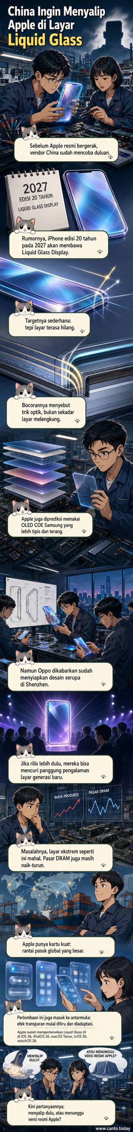 Ilustrasi ponsel dengan layar melengkung di keempat sisinya, menciptakan efek bezel yang hampir tidak terlihat, dengan latar belakang laboratorium pengembangan teknologi layar.