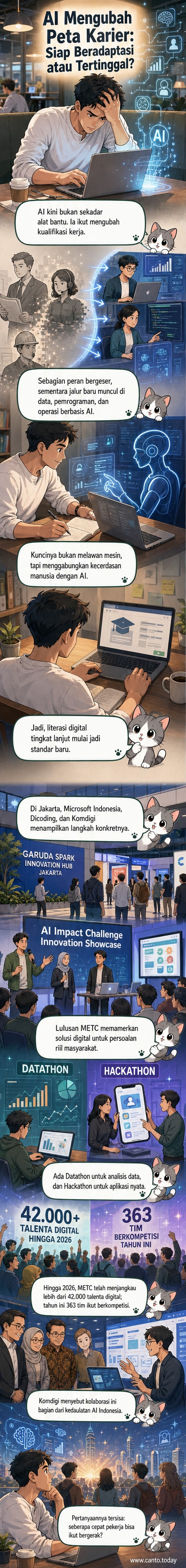 Ilustrasi pekerja menggunakan laptop dengan antarmuka AI, latar belakang penuh data digital dan grafik, simbol transformasi digital di dunia kerja.