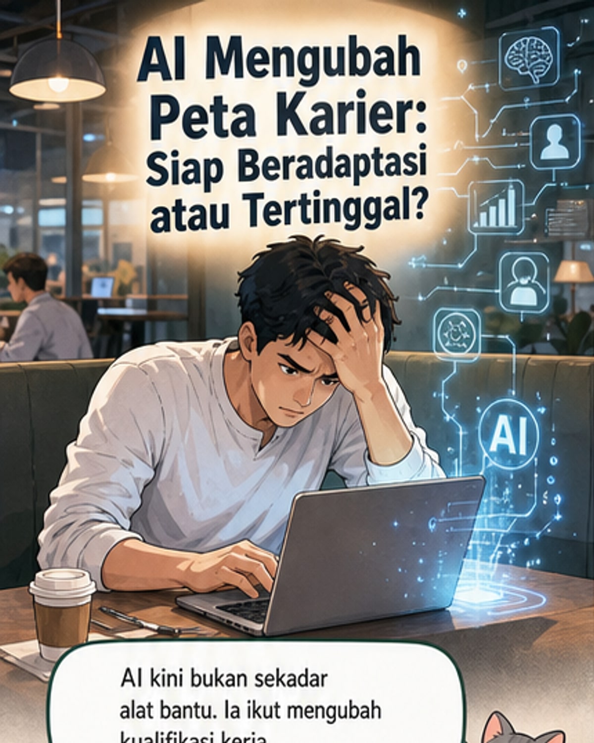 Ilustrasi pekerja menggunakan laptop dengan antarmuka AI, latar belakang penuh data digital dan grafik, simbol transformasi digital di dunia kerja.