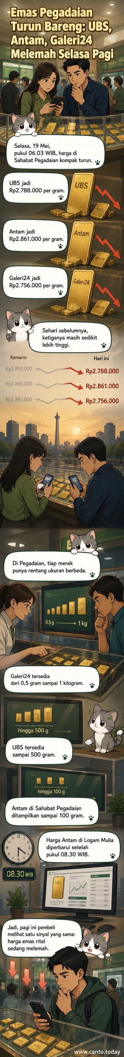 Ilustrasi emas batangan dengan latar belakang grafik turun, menunjukkan penurunan harga emas di Pegadaian pada 19 Mei 2026.