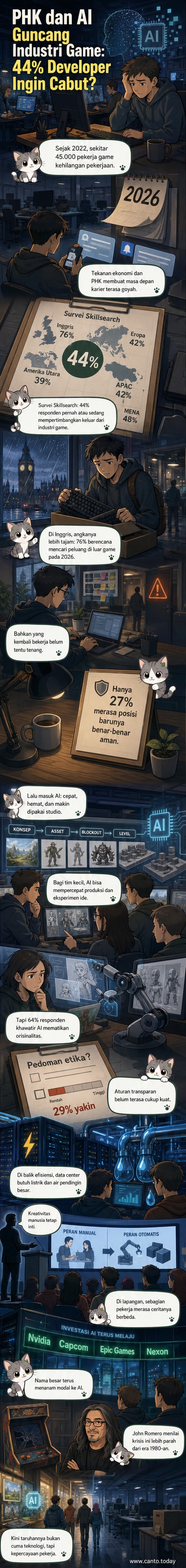 Ilustrasi developer game dikelilingi oleh robot AI dan simbol PHK, dengan latar studio game yang sepi dan gelap.