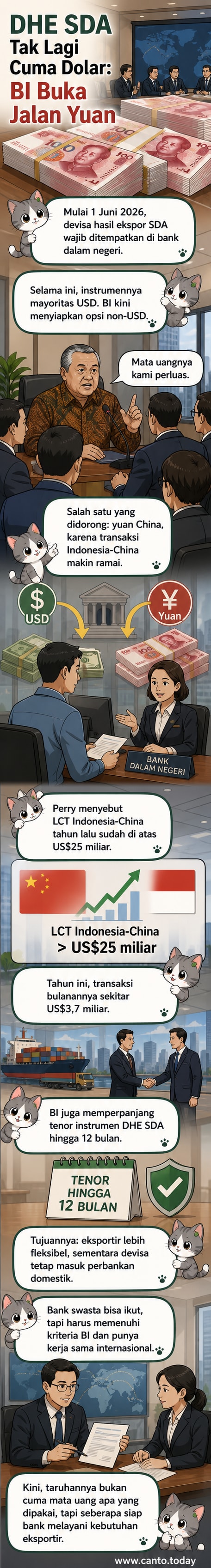 Ilustrasi dua tangan menyerahkan uang kertas bergambar yuan dan rupiah, dengan latar belakang gedung bank dan grafik pertumbuhan, simbolisasi kebijakan baru BI soal DHE SDA.
